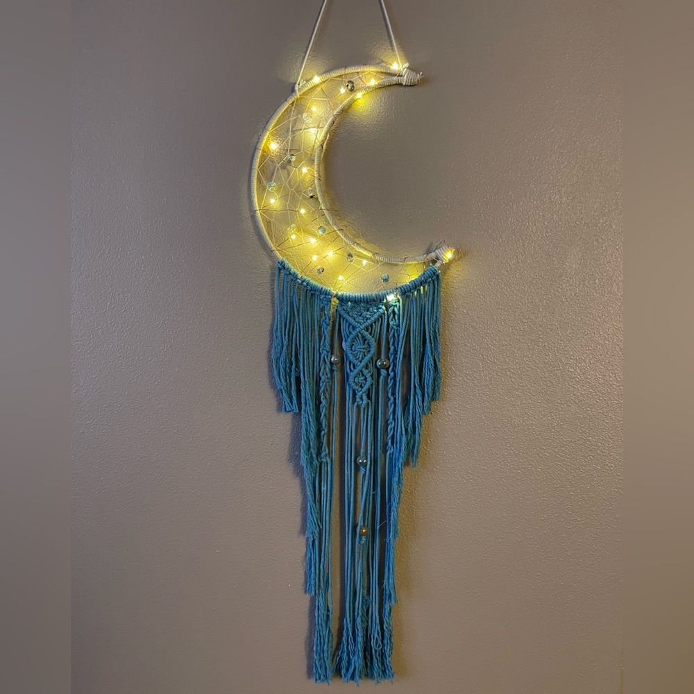 Blue Moon Lighted Beaded Macrame Wall Hanging